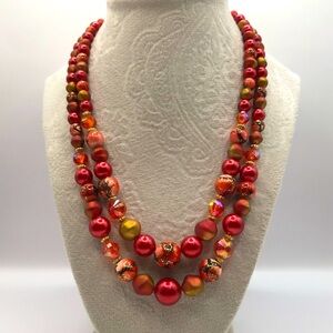Vintage “ART” Hong Kong Red and Gold-Tone Beaded Layered Necklace